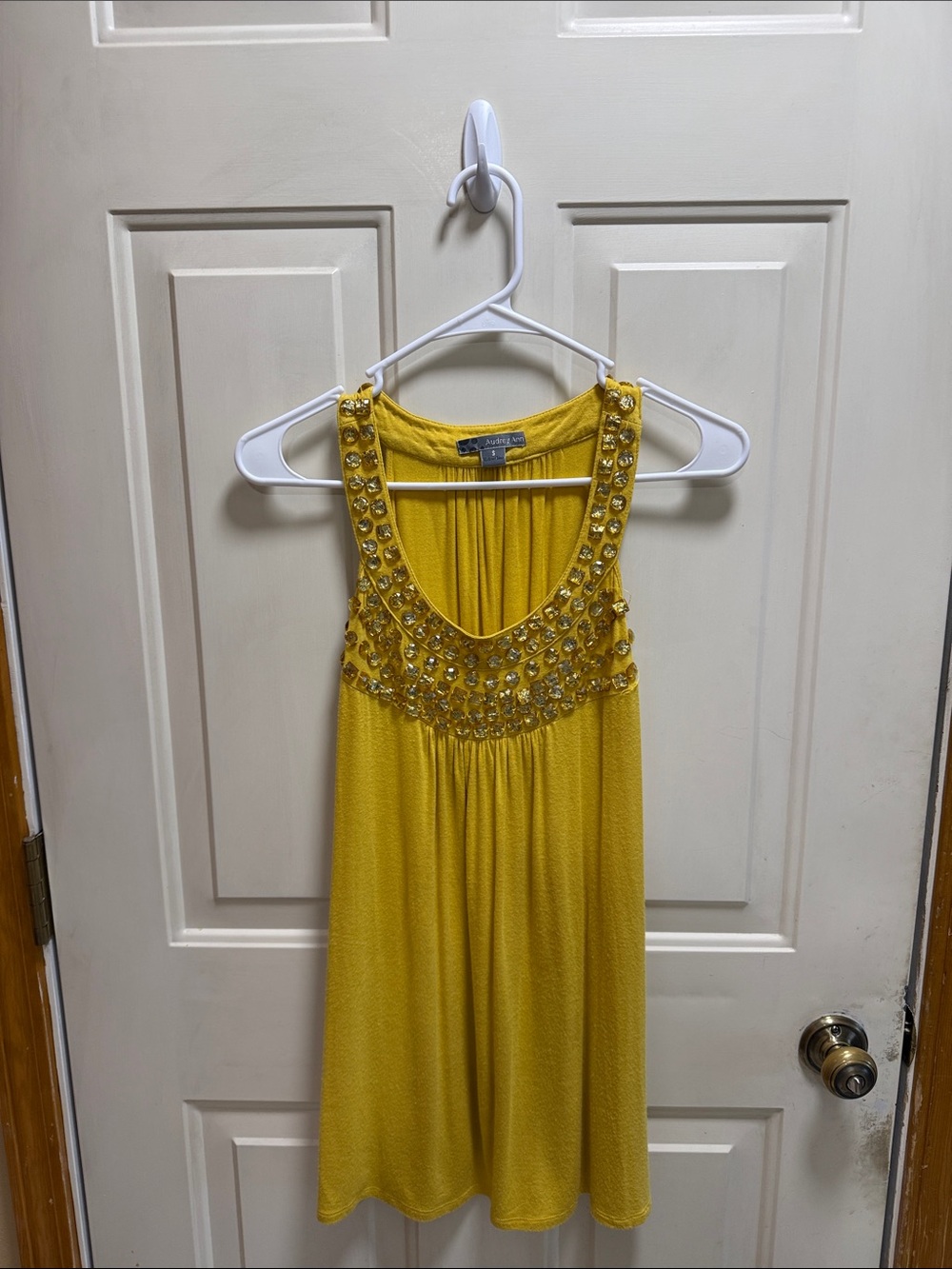 Vintage Early 2000 Audrey Ann Yellow Bejeweled Mini Dress Tunic Top S